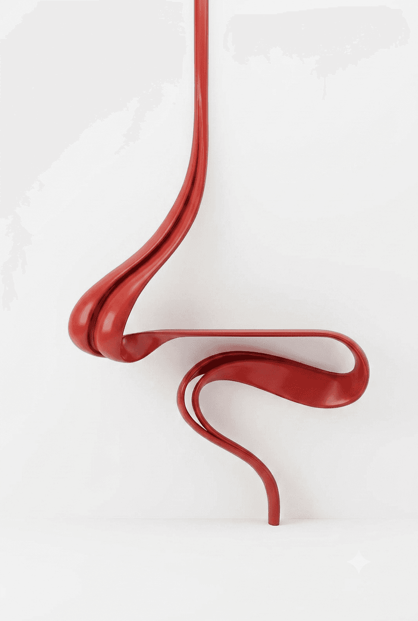 A vibrant red, avant-garde, wall-mounted console table featuring fluid, sculptural lines and a narro… — 3D model
