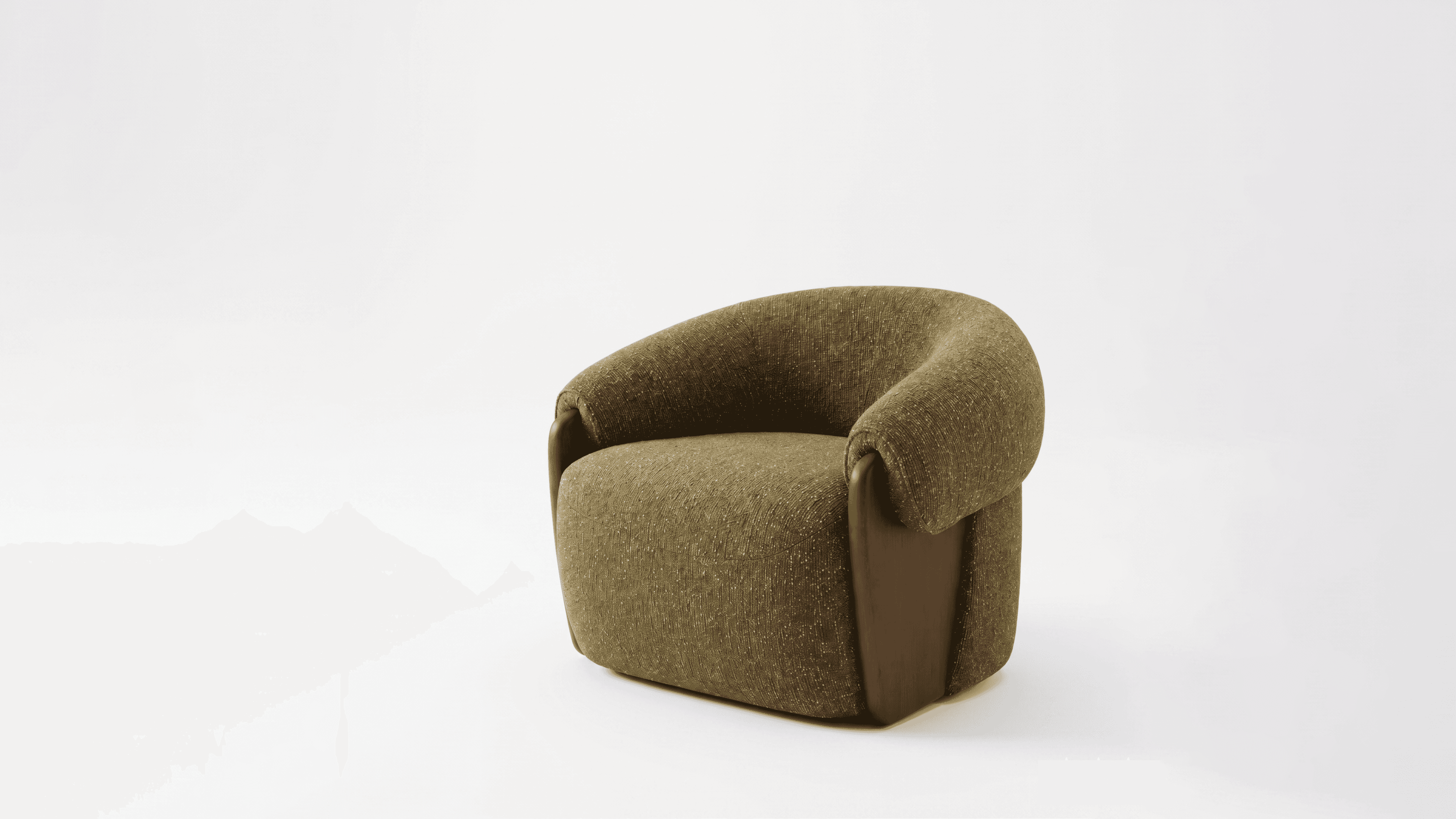 A modern lounge chair featuring a distinctive rounded and plush form, upholstered in a textured oliv… — 3D model