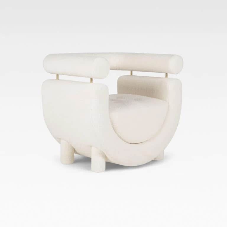 A contemporary cream-colored accent chair featuring a distinctive U-shaped upholstered body with a s… — 3D model