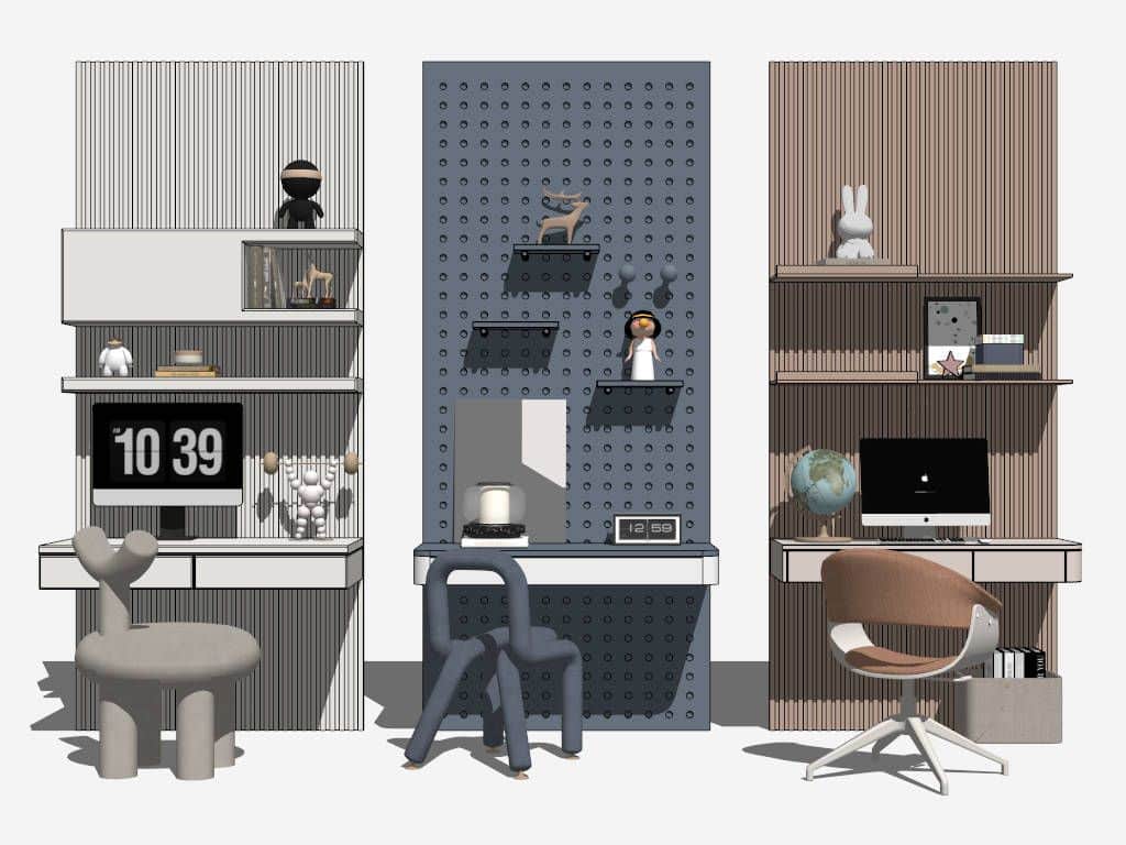 A modern wall-mounted unit featuring a dark blue/grey pegboard back panel, a white floating desk sur… — 3D model