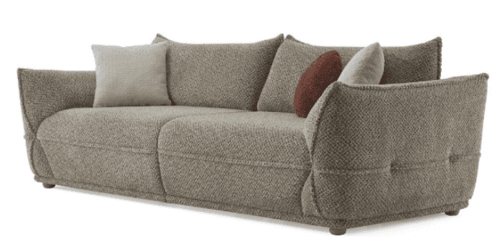 A three-seater sofa with a textured fabric upholstery. The sofa features wide, curved armrests and a… — free GLTF 3D model