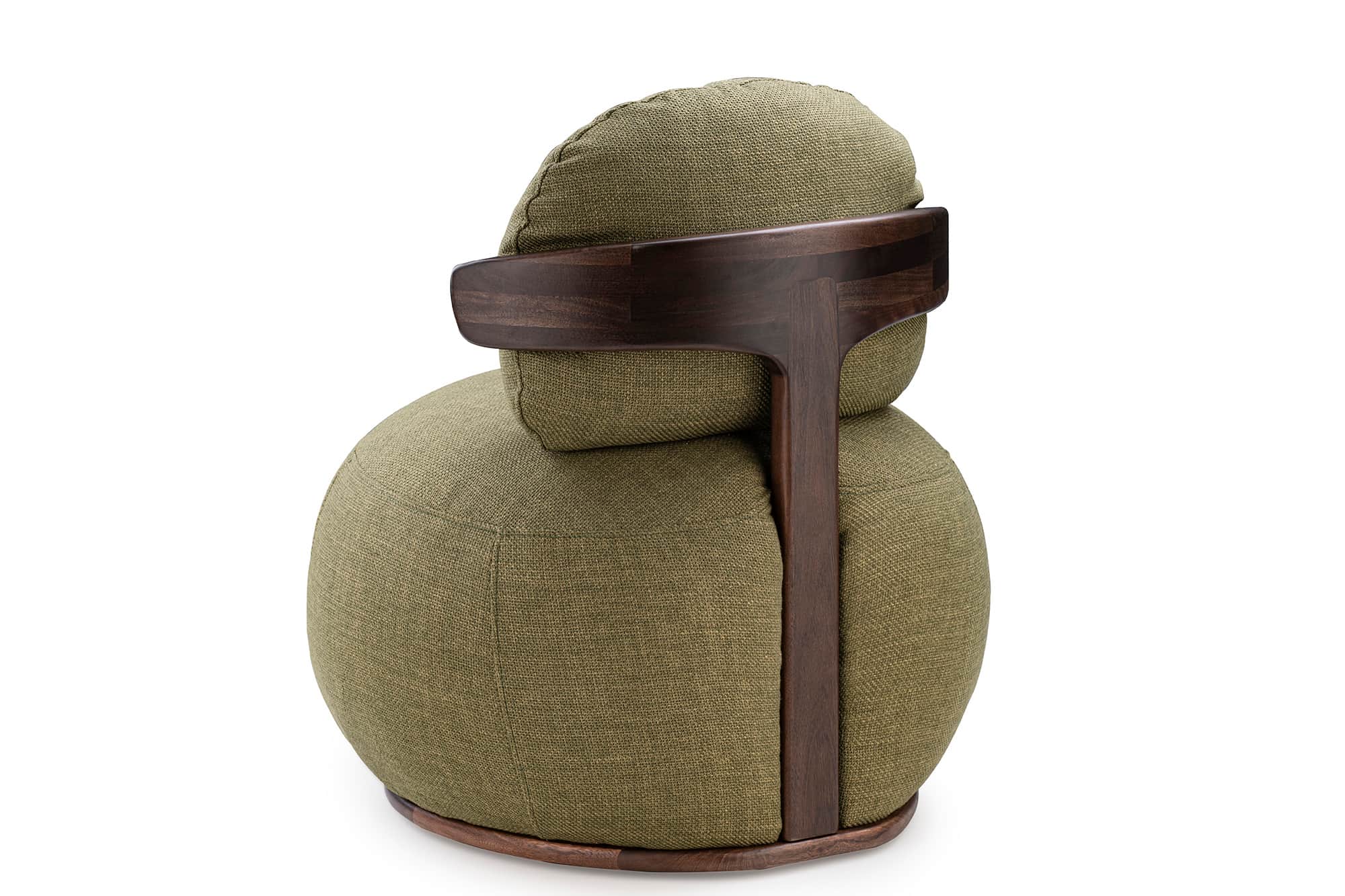 A modern, rounded armchair upholstered in a textured olive green fabric, featuring a distinctive dar… — 3D model