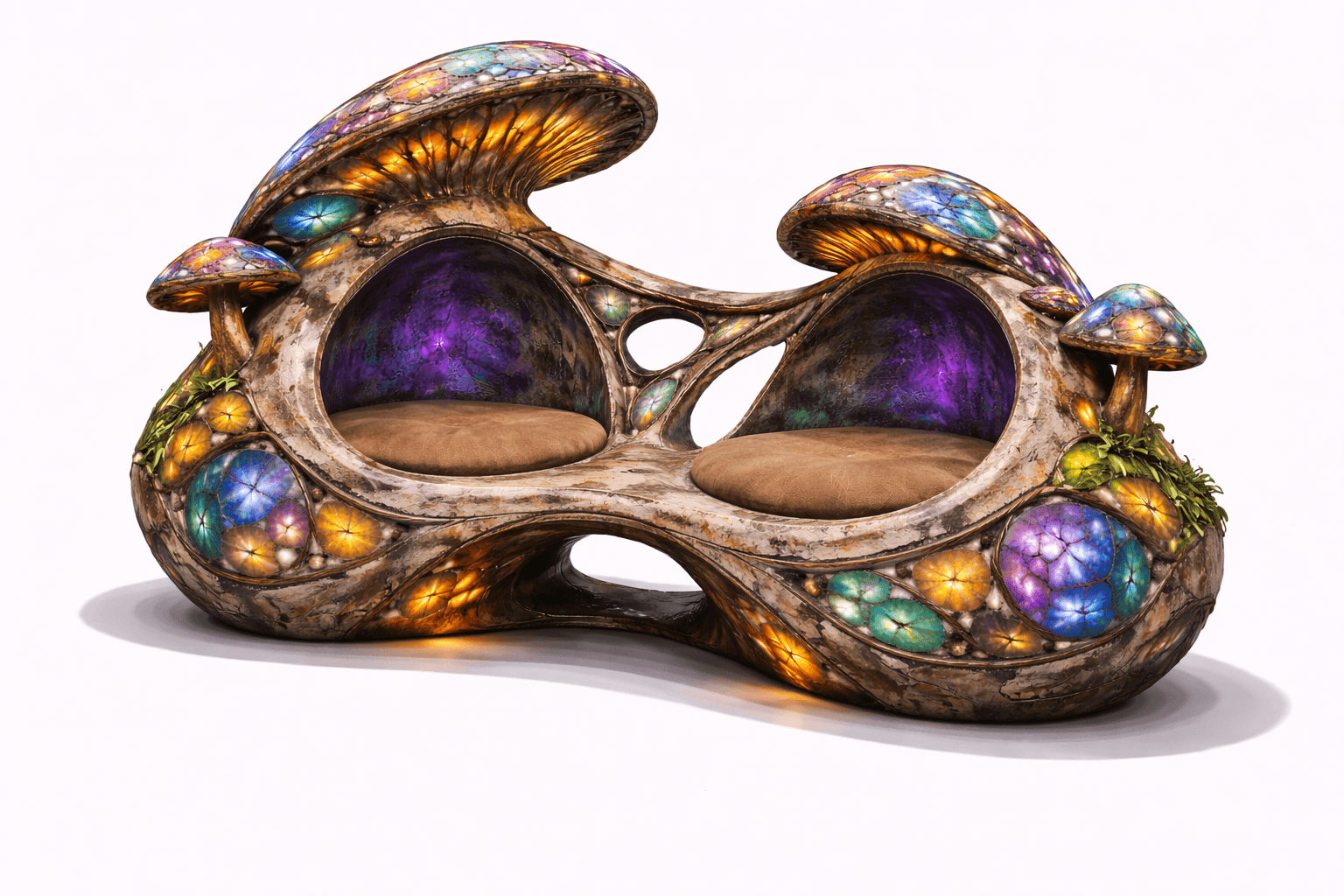 A unique, organic-shaped sofa designed to resemble a cluster of mushrooms. It features two distinct… — 3D model