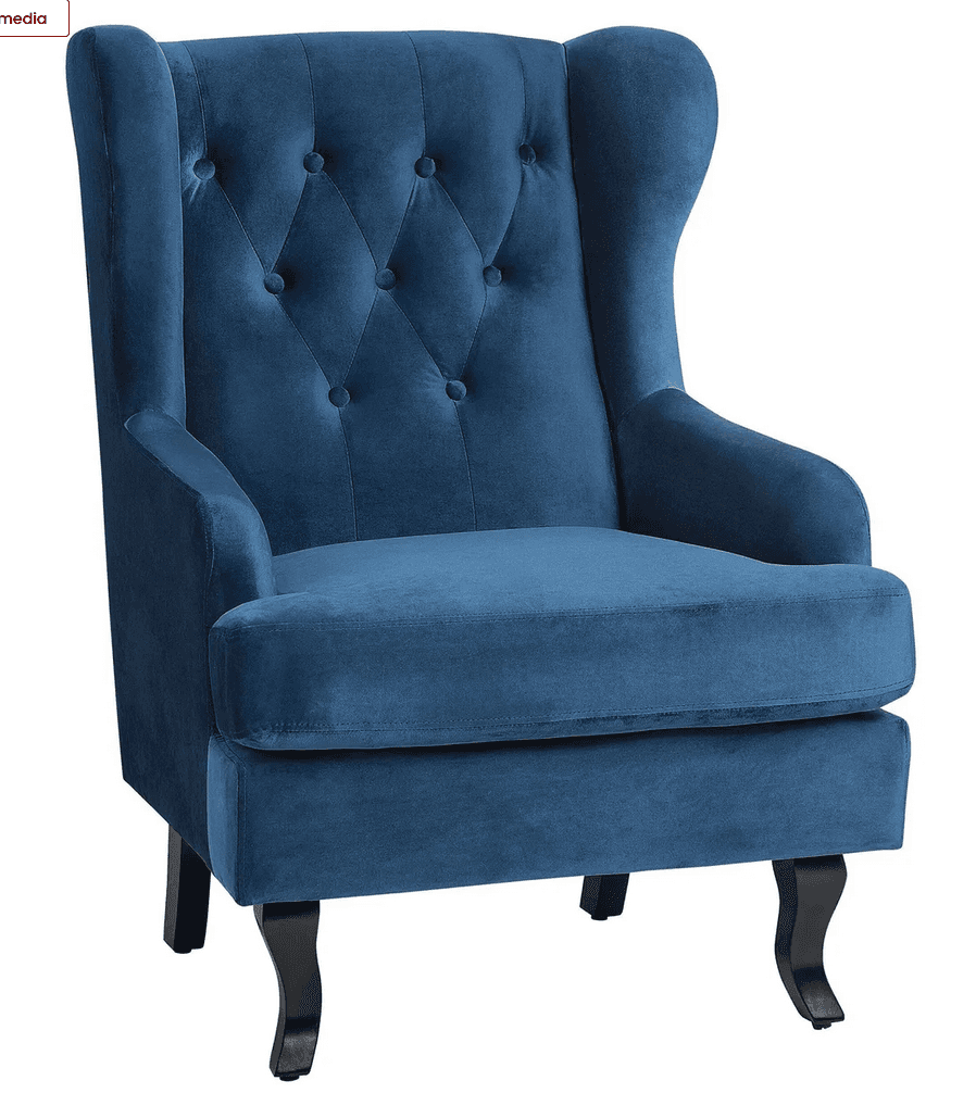 A stately wingback armchair upholstered in deep blue velvet fabric. It features a high back with dis… — free BLEND 3D model