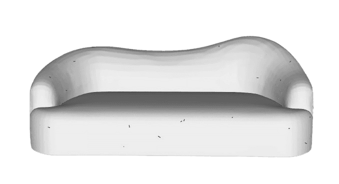 A light-colored, upholstered sofa with a curved silhouette. It features integrated armrests that flo… — 3D model