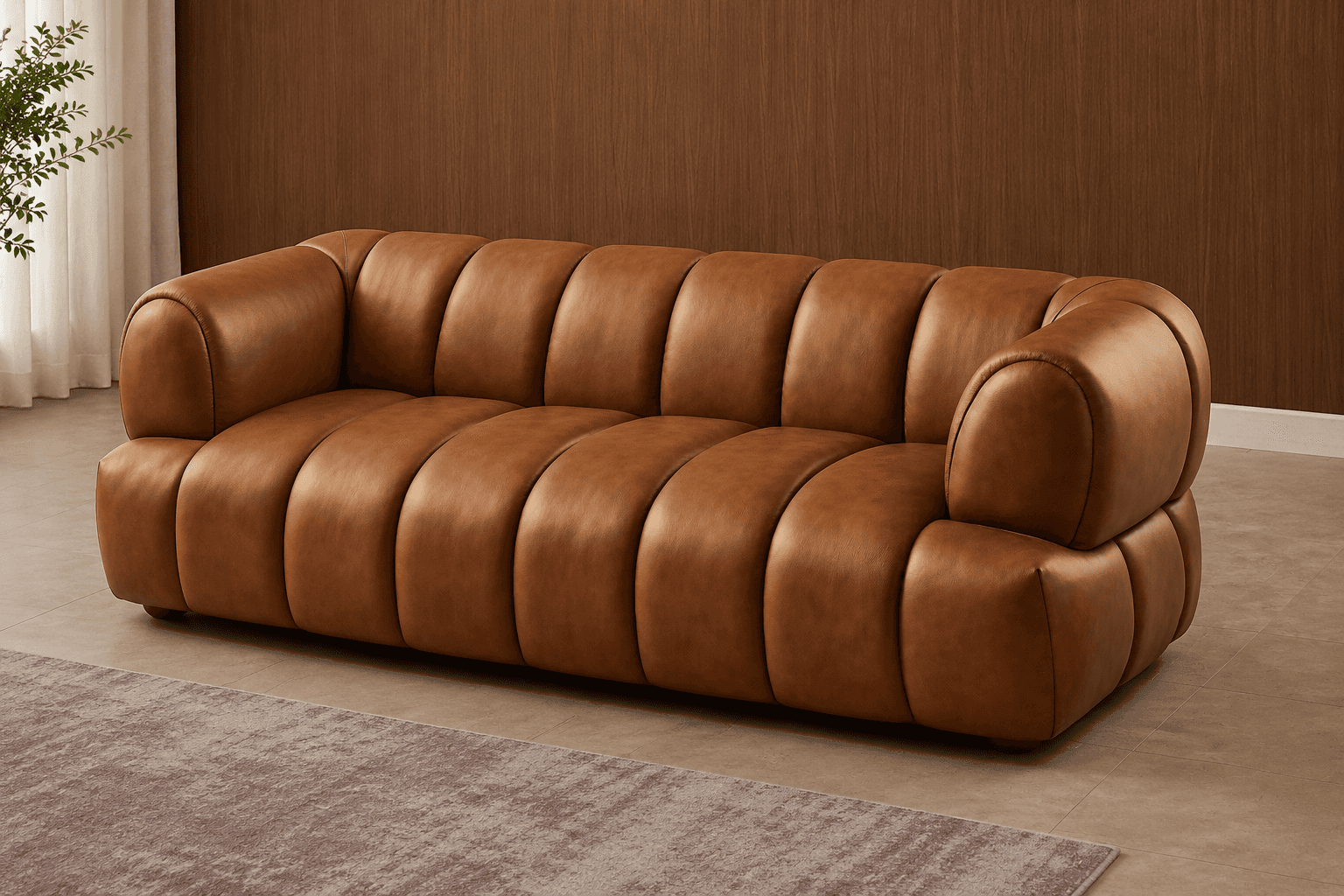 A contemporary three-seater sofa characterized by its distinctive channel-tufted design and low-prof… — free GLTF 3D model