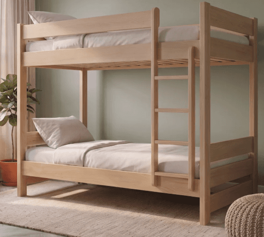 A minimalist twin bunk bed constructed from light-toned natural wood, featuring a simple, sturdy des… — 3D model