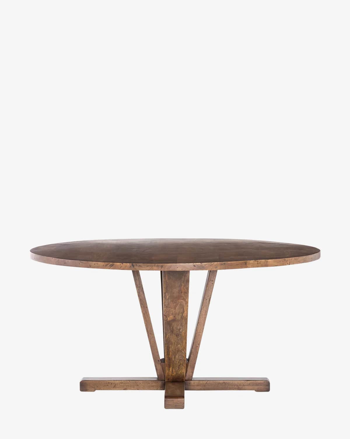 A round dining table with a dark wood finish. The table features a thick, solid top with a slightly… — free BLEND 3D model