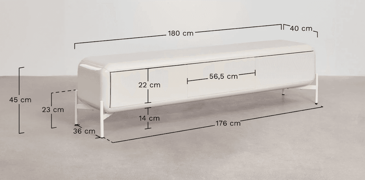 A low-profile, elongated sideboard with a rounded rectangular form. It features three cabinet doors… — 3D model