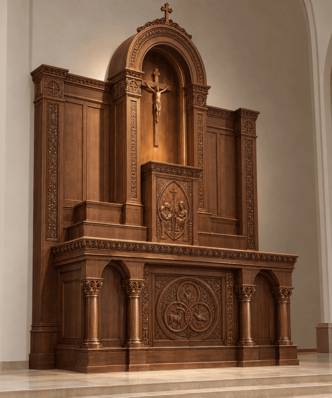 An intricately carved wooden altar featuring a reredos (altar screen) with an arched niche, housing… — 3D model