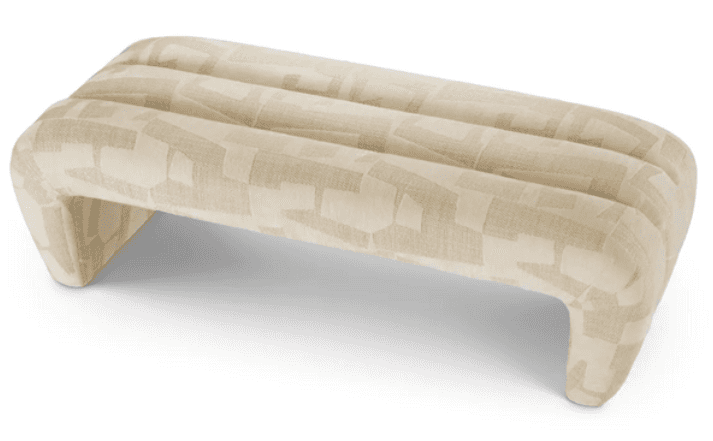 A low-profile, upholstered ottoman with a rounded rectangular form and curved, integrated legs. The… — 3D model
