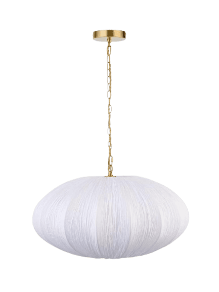 A contemporary pendant light featuring an oblong, textured white fabric shade suspended by a gold-to… — free GLB 3D model