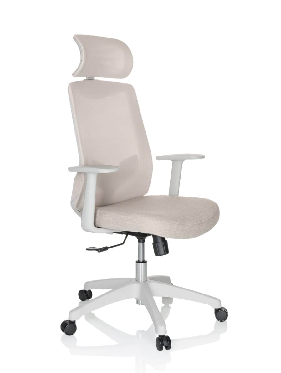 A modern ergonomic office chair featuring a light beige breathable mesh back, a matching upholstered… — 3D model
