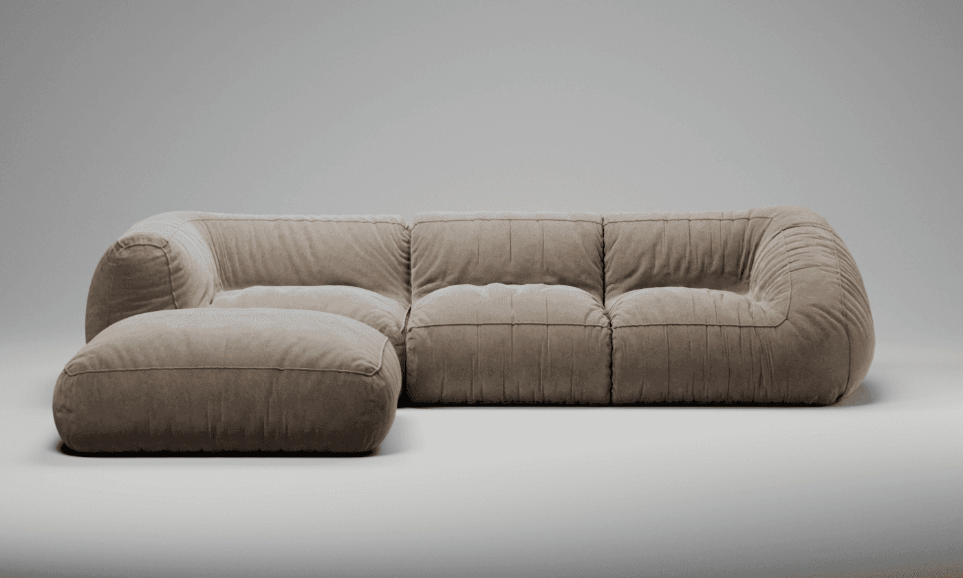 A modular sectional sofa with an accompanying ottoman. The sofa features a low profile, plush cushio… — 3D model