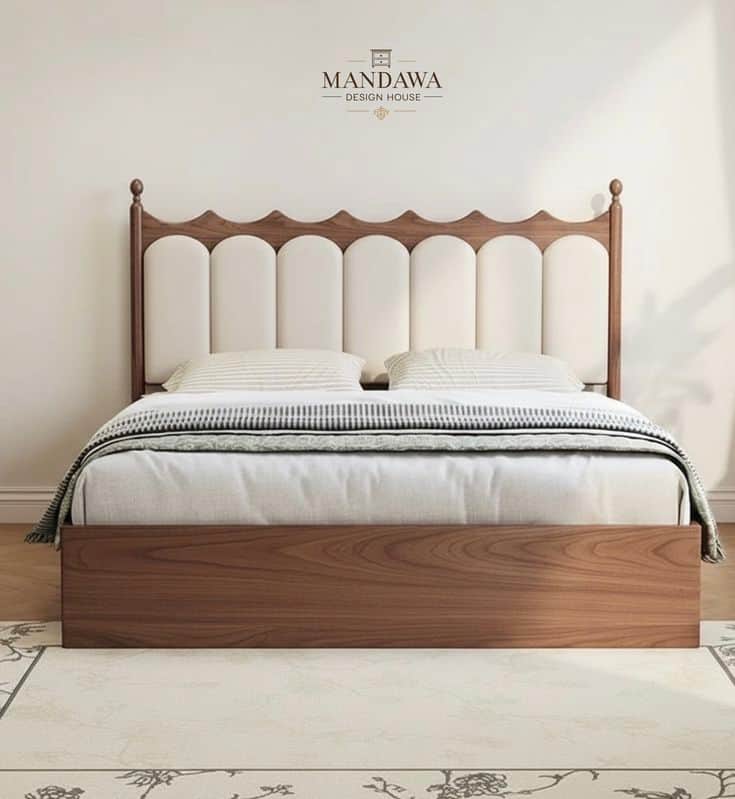 A modern bed featuring a dark wood frame and a distinctive headboard with a scalloped top edge. The… — 3D model