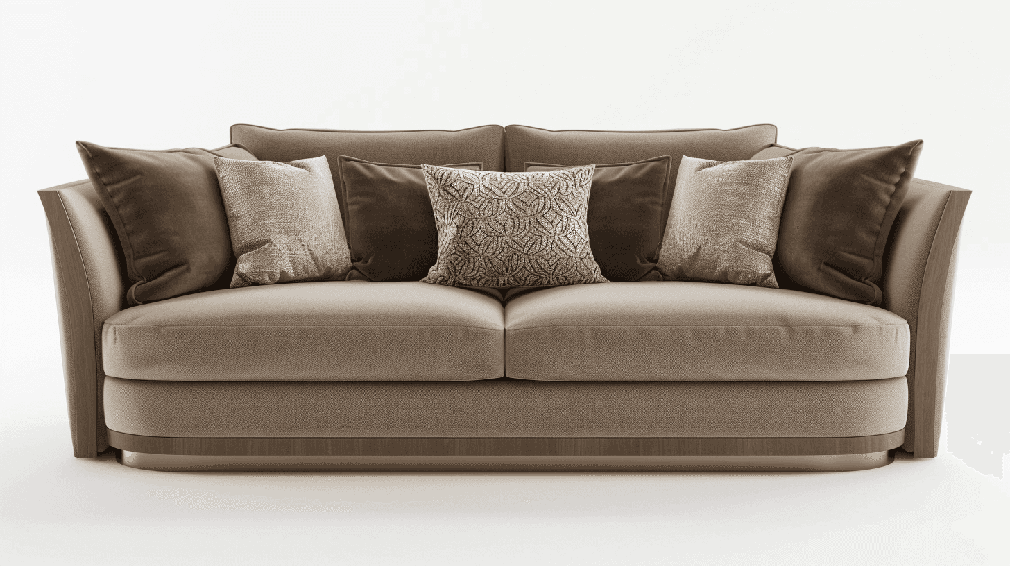 A plush, contemporary sofa with a light beige upholstery. The sofa features a curved armrest on the… — free GLTF 3D model