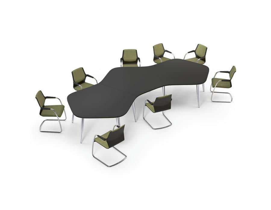 A modular conference table with a dark gray, matte surface, featuring an organic, flowing shape. It… — free OBJ 3D model