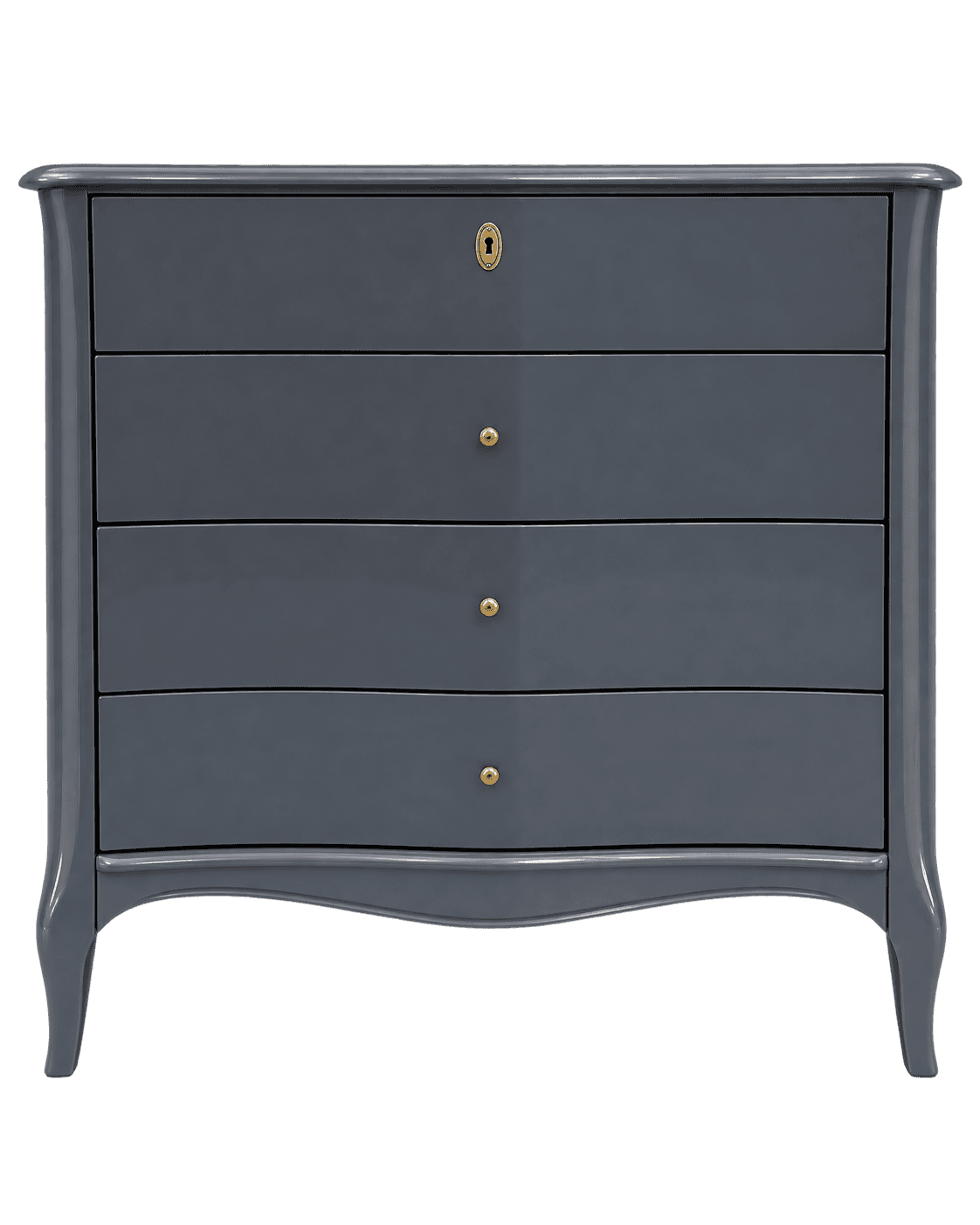 A dark grey chest of drawers featuring a serpentine front and four drawers. The top drawer includes… — 3D model