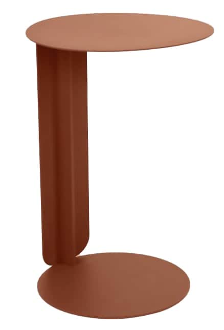 A modern cantilevered C-table made from terracotta-colored powder-coated metal. It features a circul… — 3D model
