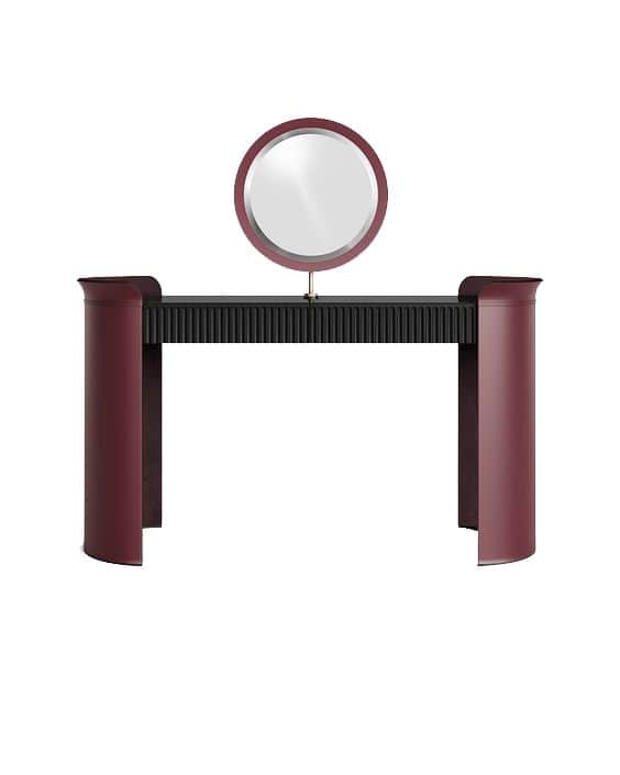 A modern vanity desk featuring a sleek, elongated oval tabletop in black, supported by two dramatic… — 3D model