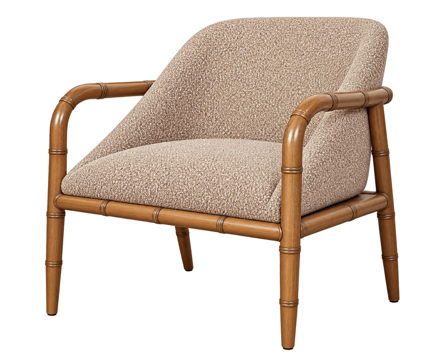 An upholstered armchair featuring a faux bamboo wooden frame and light-colored, textured bouclé fabr… — 3D model