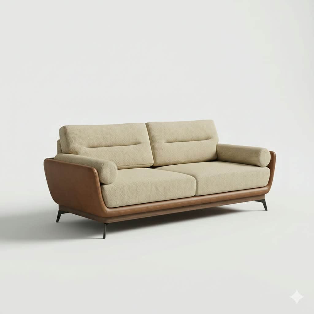 A modern two-seater sofa featuring light beige textured fabric upholstery, brown leather-wrapped sid… — 3D model
