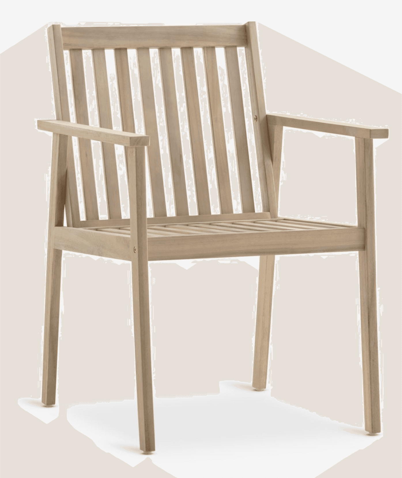 A contemporary outdoor armchair constructed from light-toned wood, featuring a slatted backrest and… — 3D model