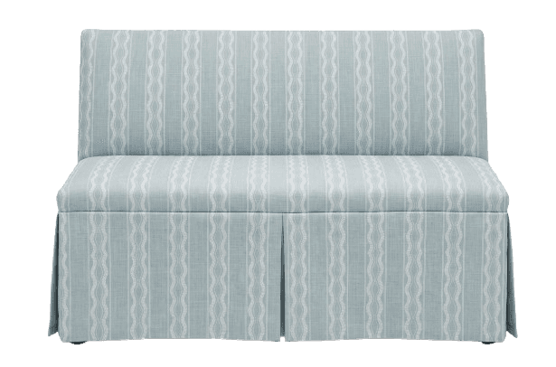 An upholstered banquette seating unit featuring a light blue fabric with white wavy and solid vertic… — free BLEND 3D model