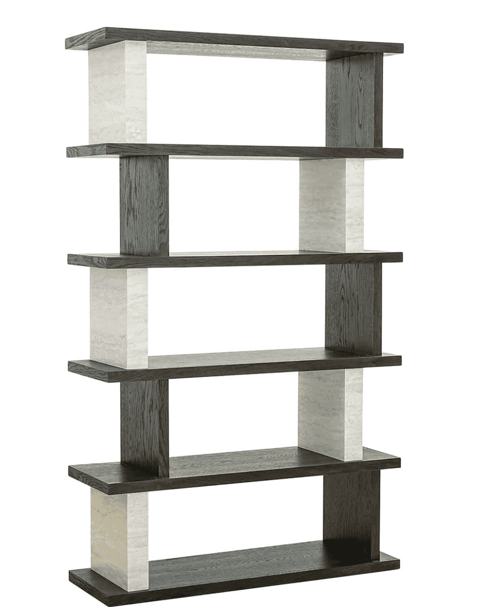 A modern, open-back bookcase with five horizontal shelves supported by alternating vertical elements… — free OBJ 3D model