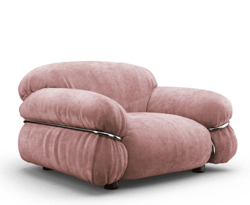 A plush, overstuffed armchair upholstered in a soft, rose-pink velvet-like fabric. The armchair feat… — 3D model