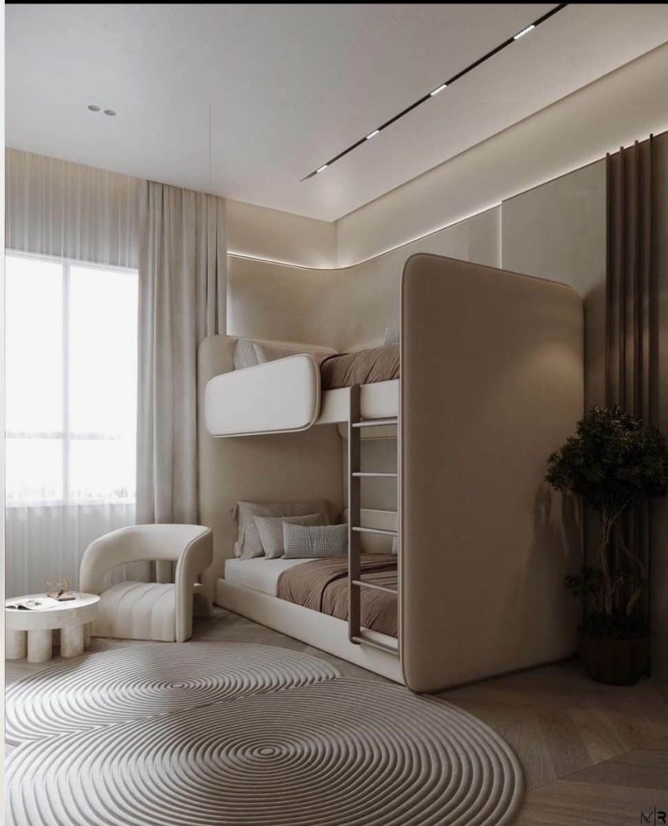 A modern bunk bed with a sleek, rounded design. The structure features a top and bottom sleeping are… — 3D model