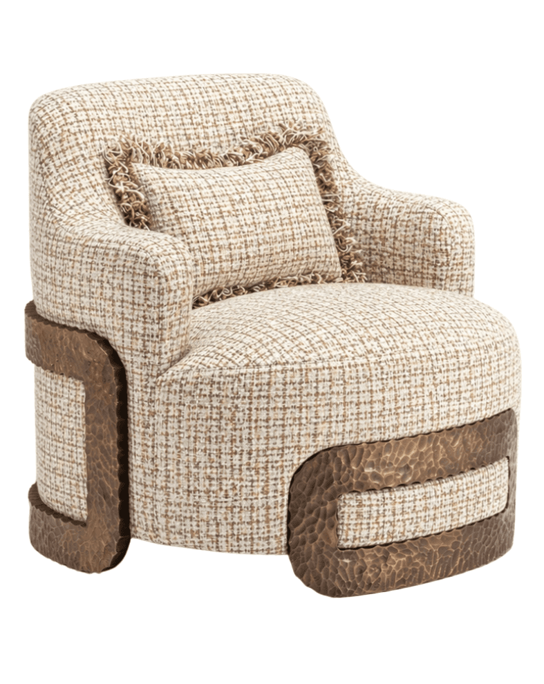 A single armchair upholstered in a textured, neutral-toned fabric, featuring a square throw pillow a… — 3D model