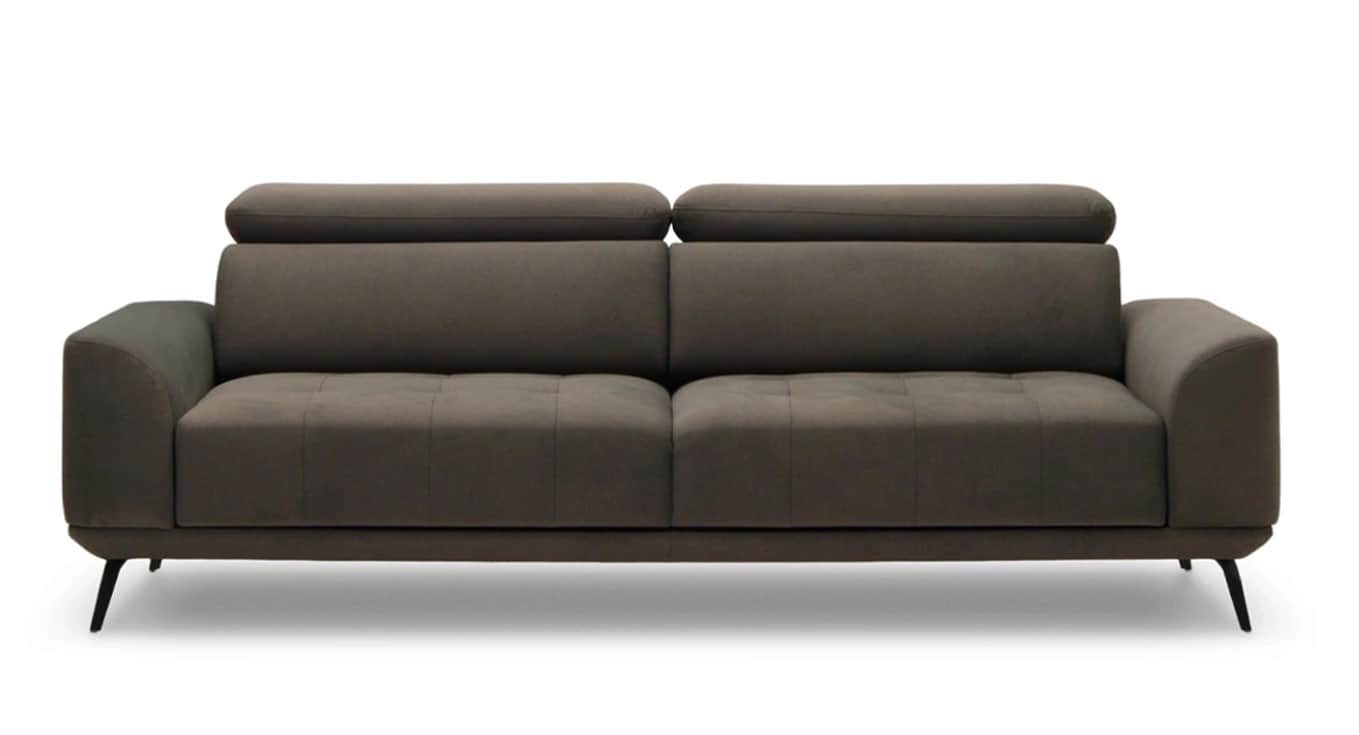 A modern, two-seater sofa with a dark brown upholstered finish. It features a low profile, square ar… — 3D model