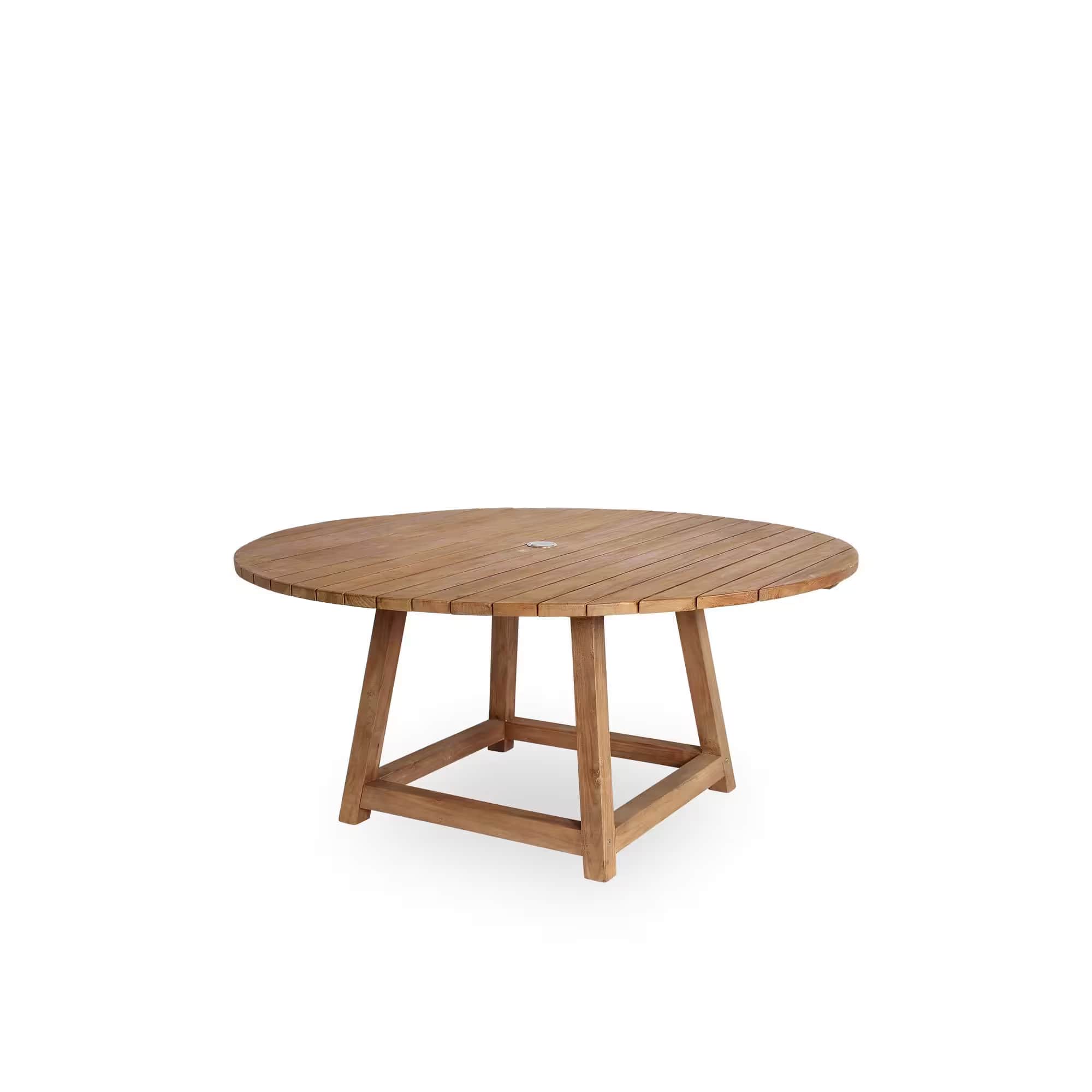A round outdoor dining table constructed from natural teak wood, featuring a slatted tabletop with a… — 3D model