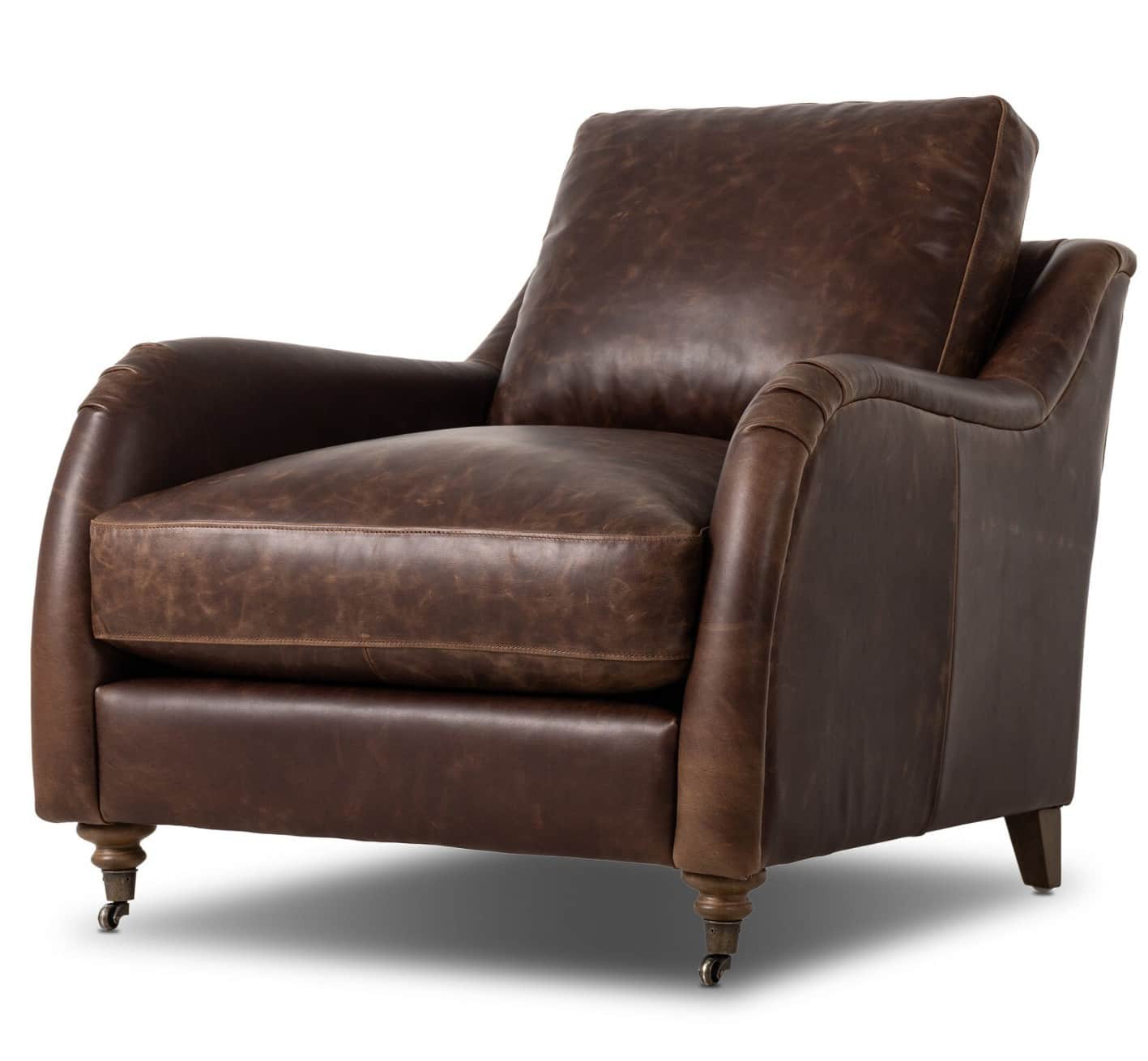 A brown leather armchair with a cushioned seat and back, featuring rolled arms and wooden legs with… — 3D model