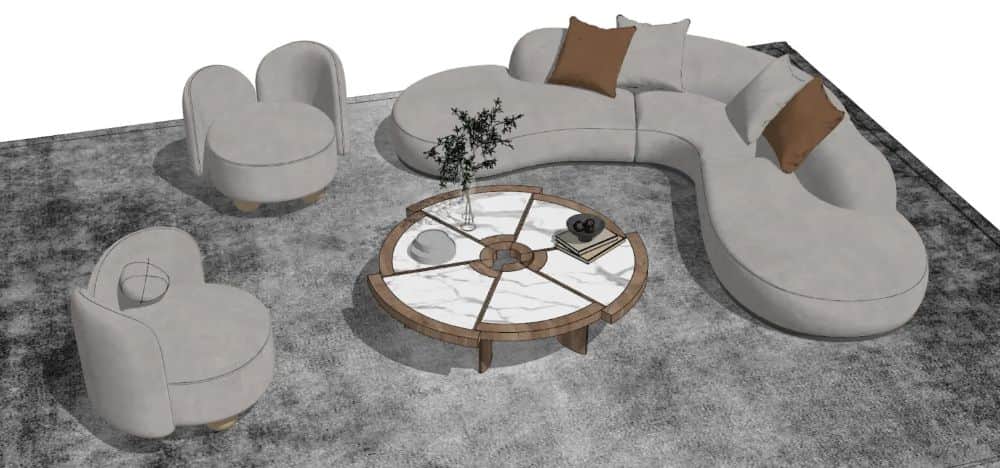 A light grey modular sectional sofa with curvilinear, organic shapes and a low profile, accompanied… — 3D model