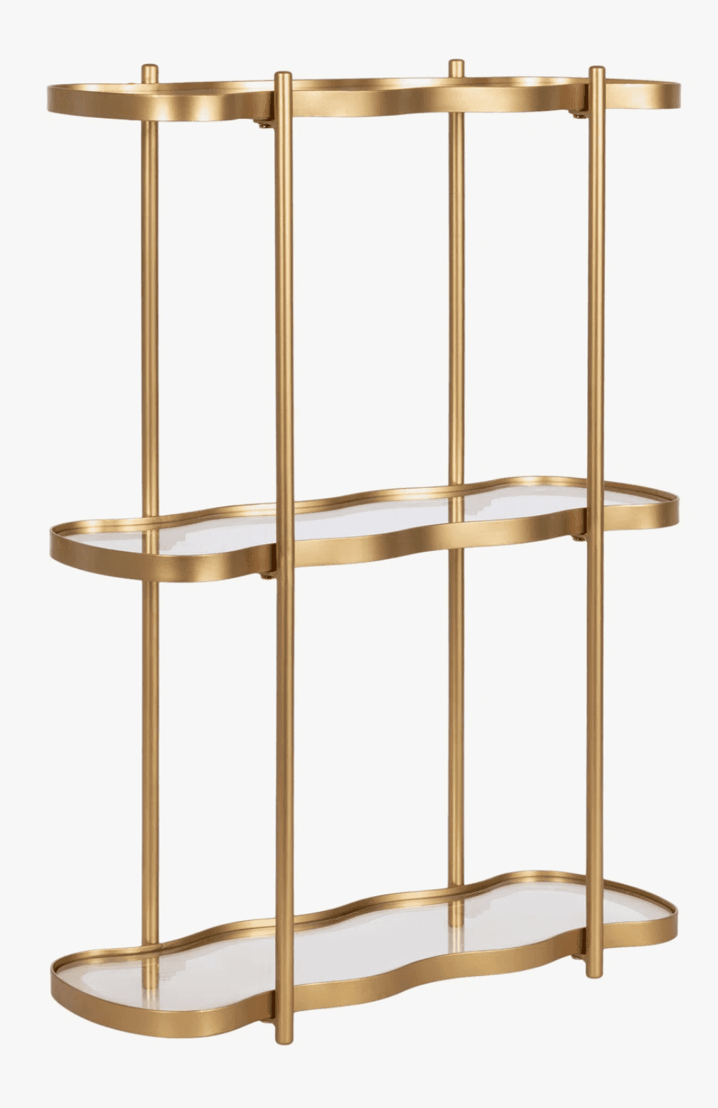 A three-tiered freestanding shelving unit featuring a gold-finished metal frame and distinctive wavy… — free GLB 3D model