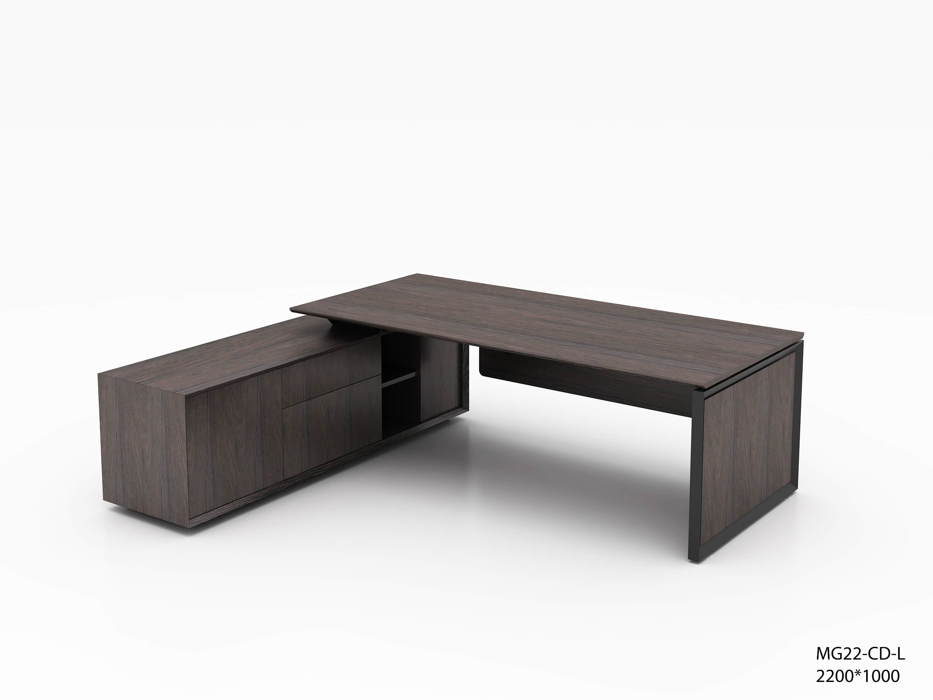 An L-shaped executive desk featuring a dark wood grain finish and a minimalist design. The main desk… — free SKP 3D model