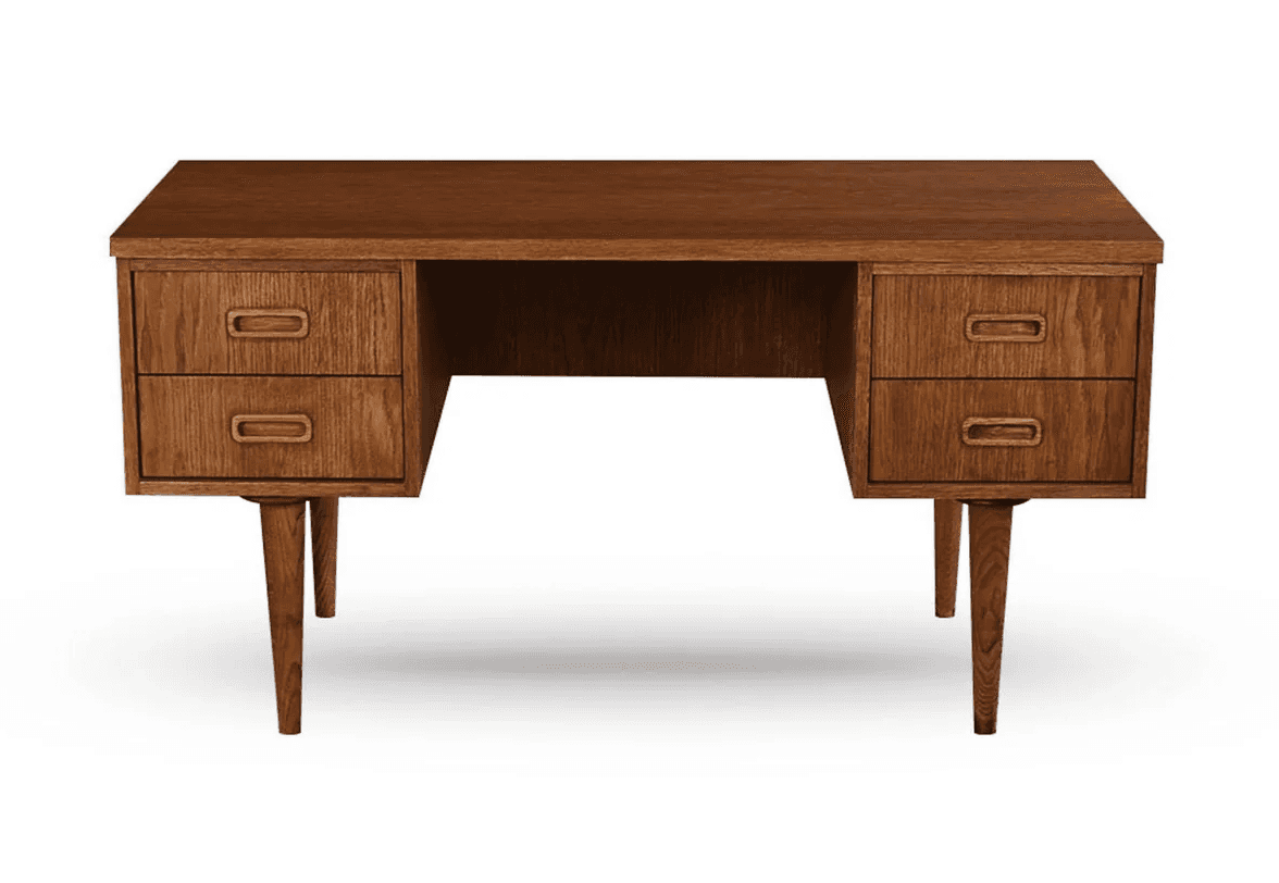 A rectangular, mid-century modern style wooden desk featuring a double pedestal design with a centra… — 3D model