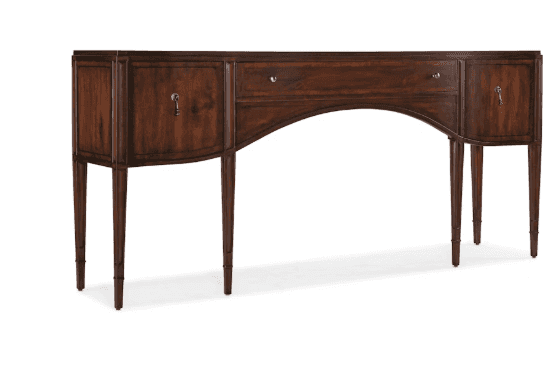 A dark wood sideboard with a curved apron, featuring two cabinets on the sides and a central drawer.… — 3D model