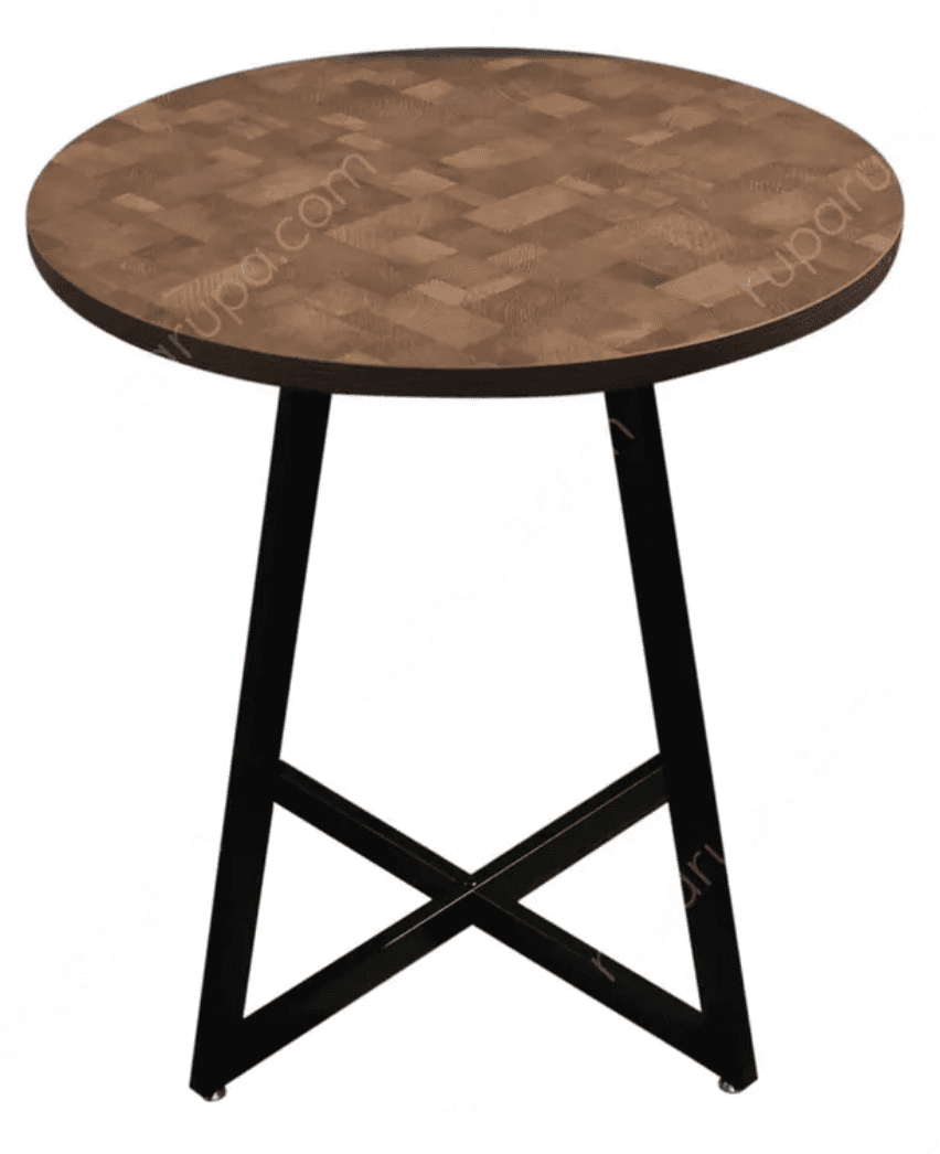 A round side table featuring a wooden butcher block-style top and a black metal base with splayed le… — 3D model