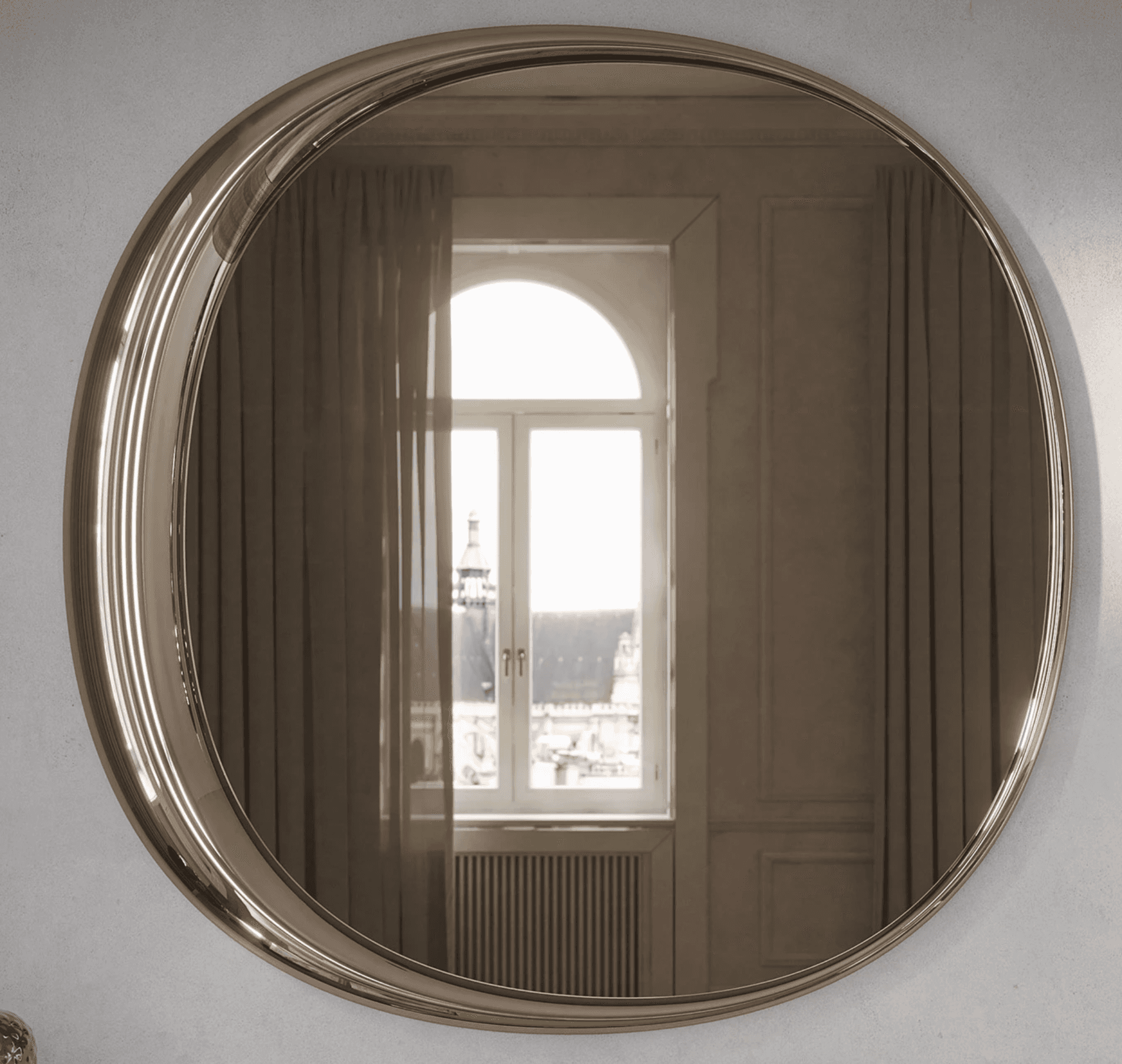 A large, round wall-mounted mirror featuring a wide, polished metallic frame. The frame has distinct… — 3D model