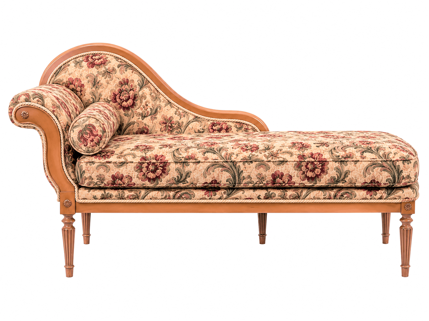 A traditional Rococo-style chaise lounge featuring a gracefully curved, light-toned wooden frame wit… — 3D model