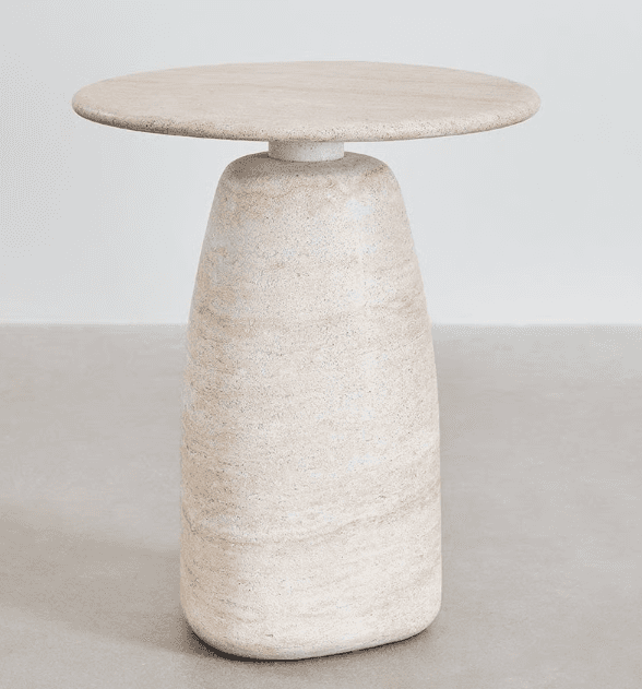 A modern end table with a rounded top and a tapered, monolithic base. The table exhibits a textured… — 3D model