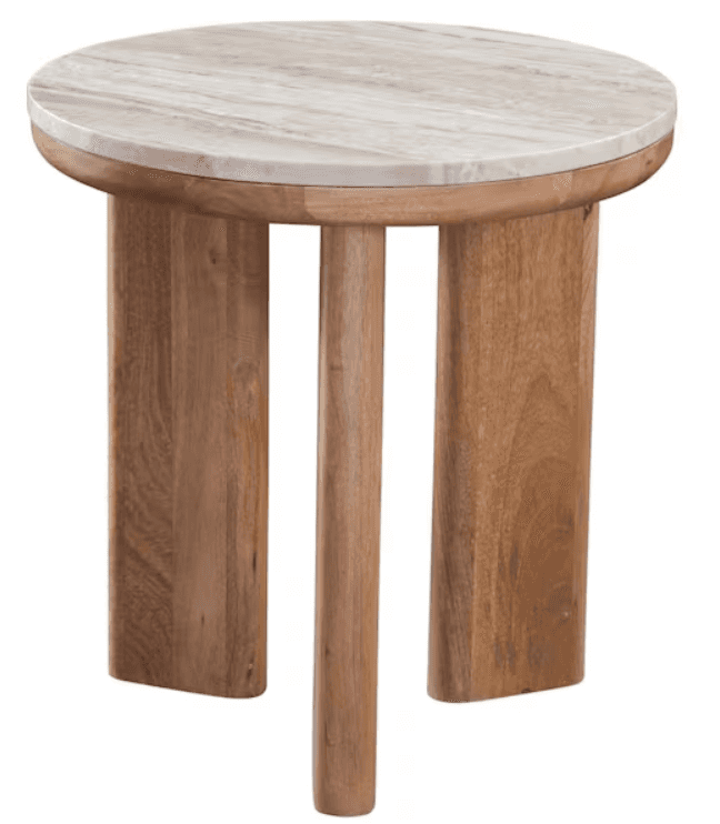 A round end table with a marble top and a wooden base. The base consists of three columnar legs, two… — 3D model