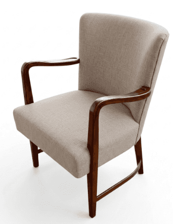 An upholstered armchair featuring a neutral fabric and distinctive curved wooden armrests and legs,… — 3D model