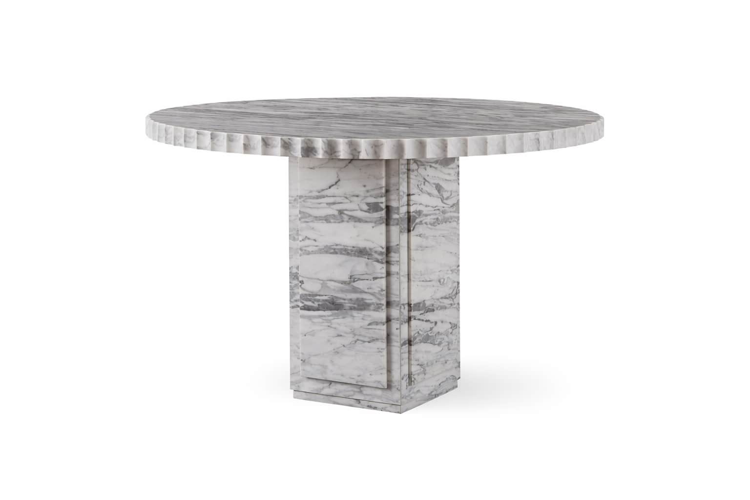 A round-topped side table with a fluted edge, supported by a single, rectangular pedestal base. The… — 3D model