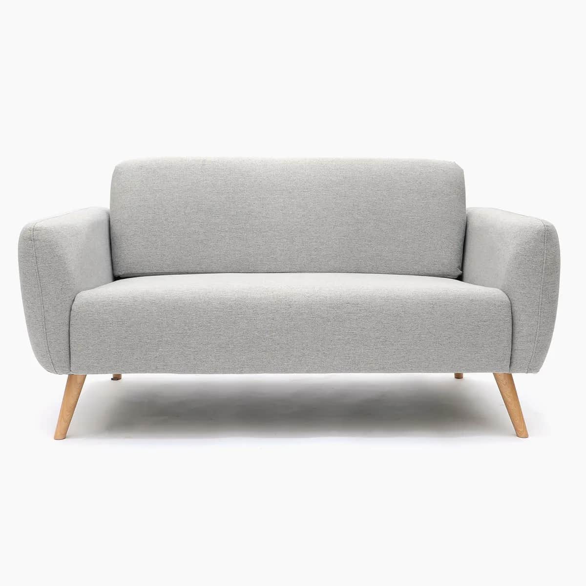 A compact modern two-seater loveseat upholstered in a light grey woven fabric, featuring gently roun… — 3D model