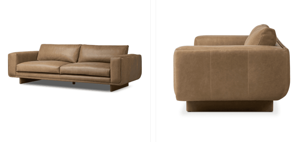 The image shows a two-seater sofa presented in two views: a front view and a side view.  The sofa ap… — 3D model