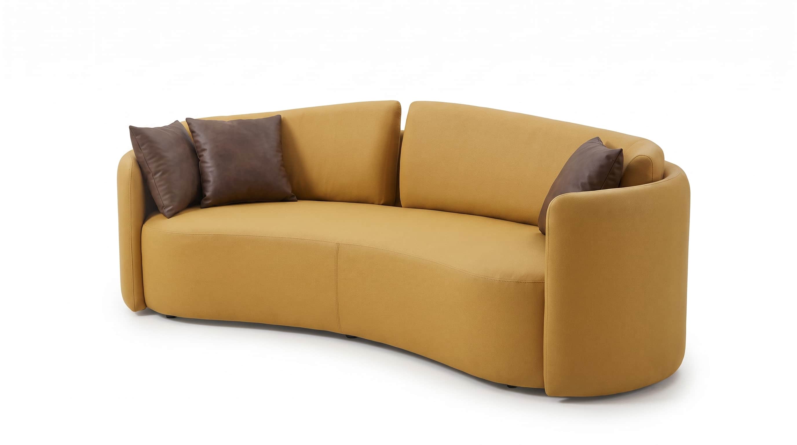 A modern, gracefully curved sofa upholstered in a mustard yellow fabric, featuring integrated armres… — 3D model